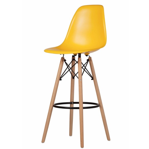 Plastic Bar Stool With Wood Base, Yellow